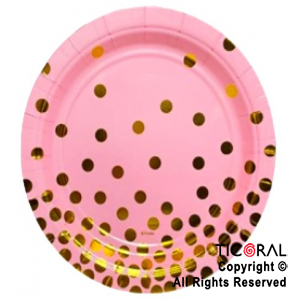 PLATO POLIPAPEL 17 CM ROSA LUNARES DORADOS STAMPING X 6 UNIDADES